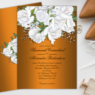 Metallic Orange and White Rose Bouquet Wedding Invitation