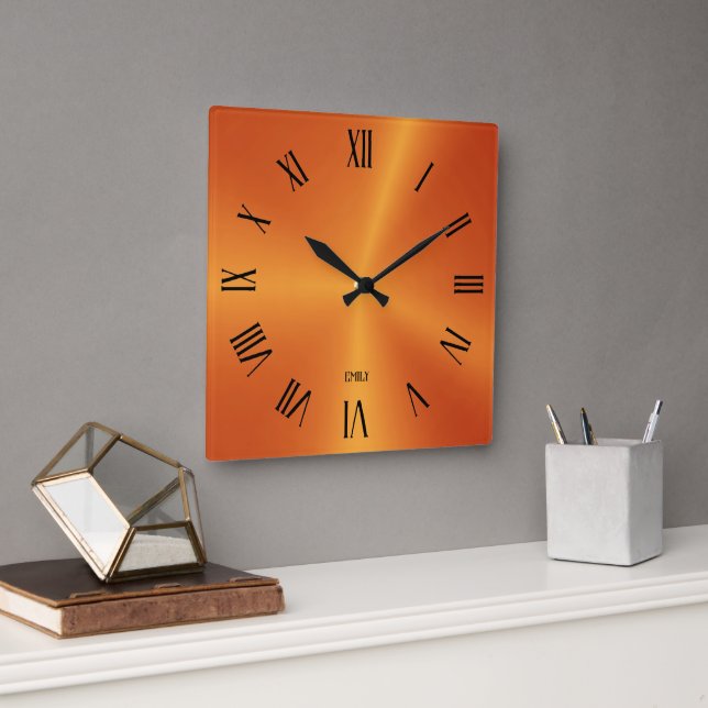 Metallic Orange Background Roman Numerals Square Wall Clock (Office)