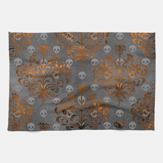 Metallic Orange Damask and Skulls Tea Towel (Horizontal)