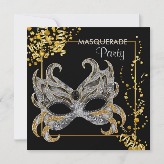 Metallic Paper Silver Gold Masquerade Party Invitation (Front)