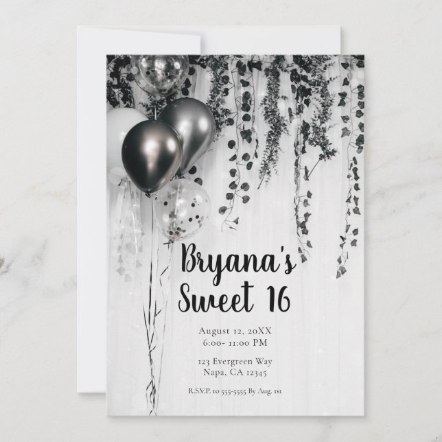 Metallic Party Balloons White Rustic Ivy Sweet 16 Invitation (Front)