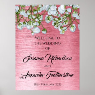 Metallic Pink and White Roses Wedding Welcome Poster