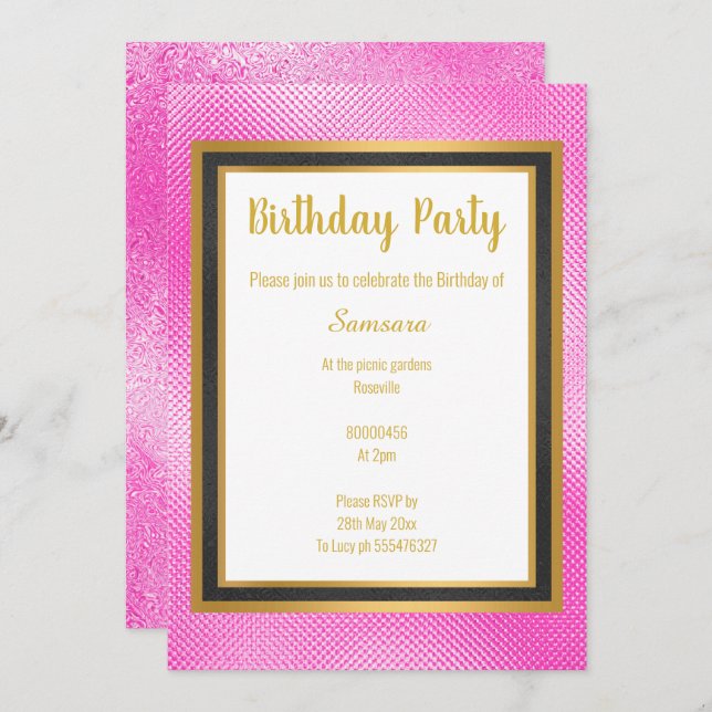 METALLIC PINK BLACK & GOLD EMBOSSED BIRTHDAY INVITATION (Front/Back)
