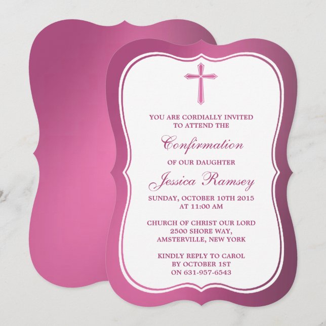 Metallic Pink Cross Holy Communion Or Confirmation Invitation (Front/Back)