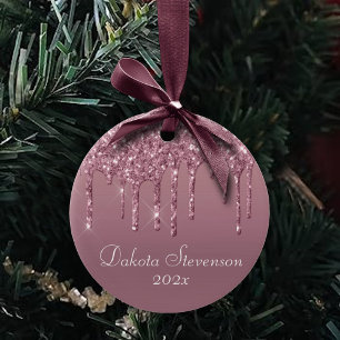 Metallic Pink Drip   Dusty Mauve Shimmer Drizzle Ceramic Ornament