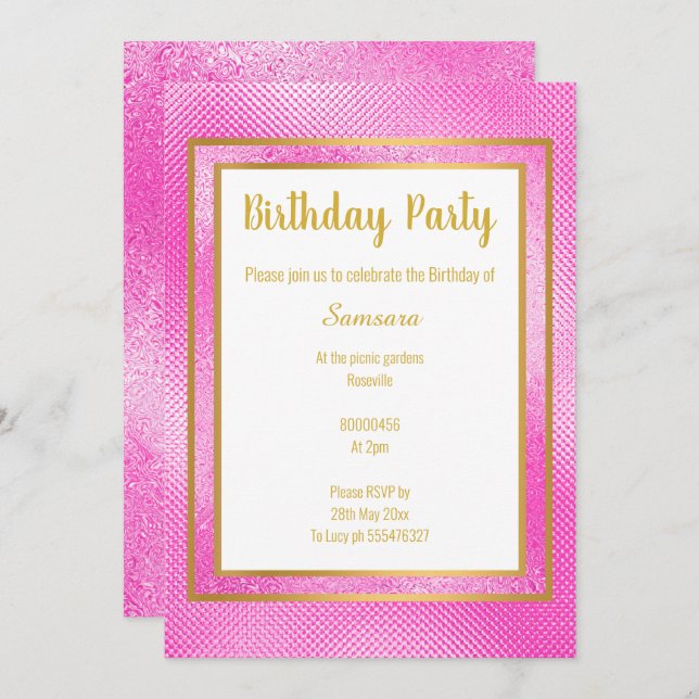 METALLIC PINK & GOLD LAYERED EMBOSSED BIRTHDAY INVITATION (Front/Back)