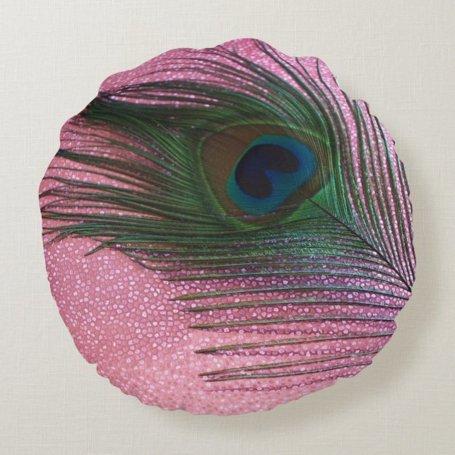 Metallic Pink Peacock Round Cushion (Back)