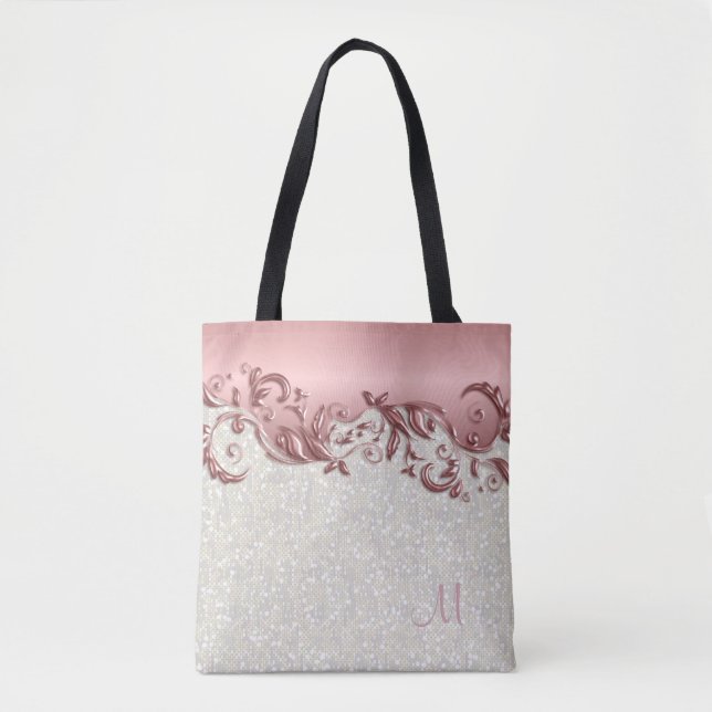 Metallic Pink Rose Floral with White Confetti Tote Bag (Front)