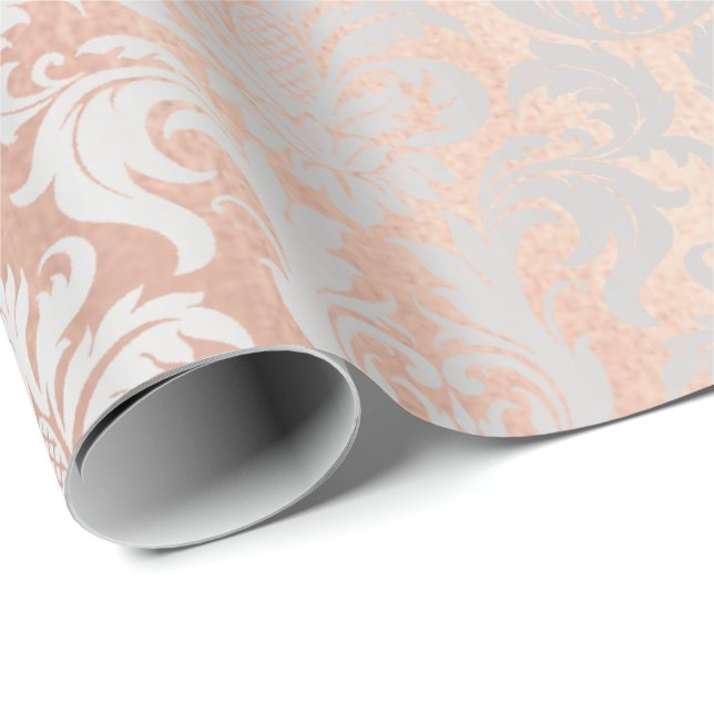 Metallic Pink Rose Gold Blush Grey Silver Damask Wrapping Paper (Roll Corner)