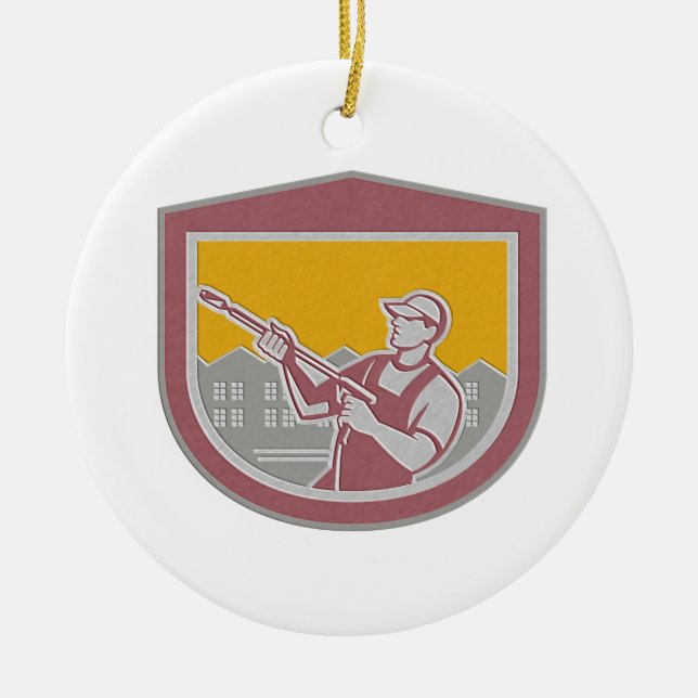 Metallic Pressure Washer Cleaner Worker Retro Shie Ceramic Ornament (Front)