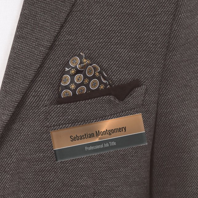Metallic Professional Copper Flare Custom Name Tag (Share your name and business title on this chic faux copper and black name tag. )