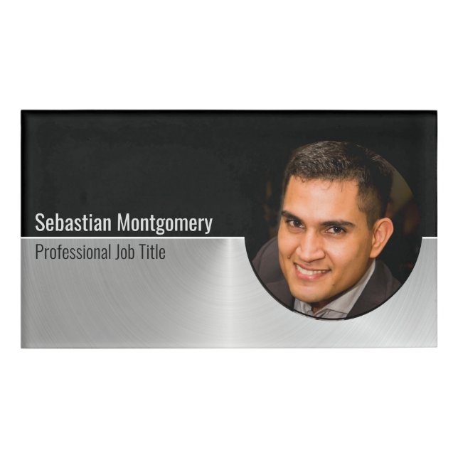 Metallic Professional Silver Flare Custom Photo Name Tag (Front)