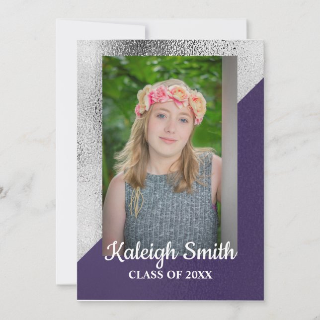 Metallic Purple and Silver Photo Graduation Party Invitation (Front)