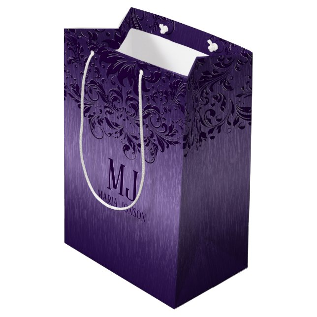 Metallic Purple Brushed Aluminium Purple Lace Medium Gift Bag (Back Angled)