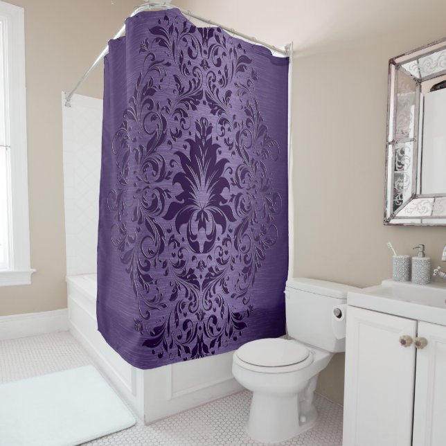 Metallic Purple Brushed Aluminium Purple Lace Shower Curtain (In Situ)