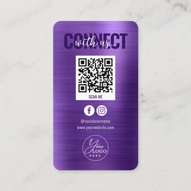 Metallic Purple Connect With Social Media QR Code Business Card (Front)