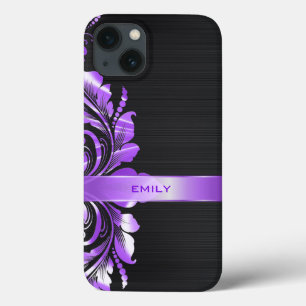Metallic Purple Floral Swirl Black Background iPhone 13 Case