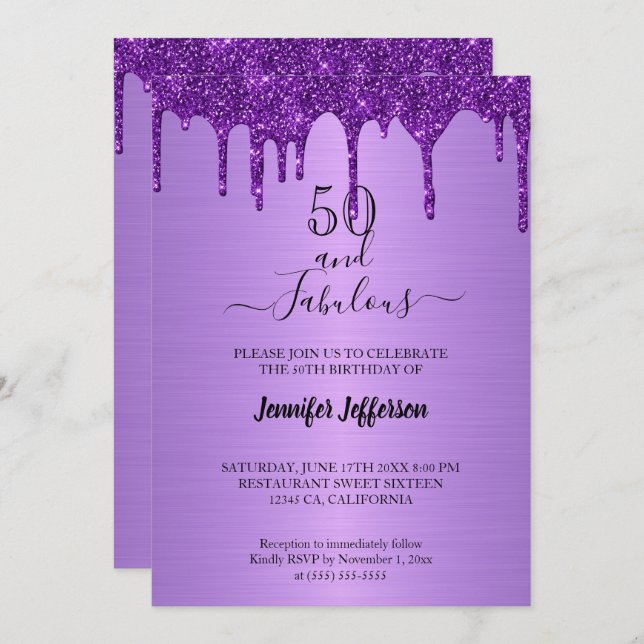 Metallic purple glitter Birthday Invitation (Front/Back)