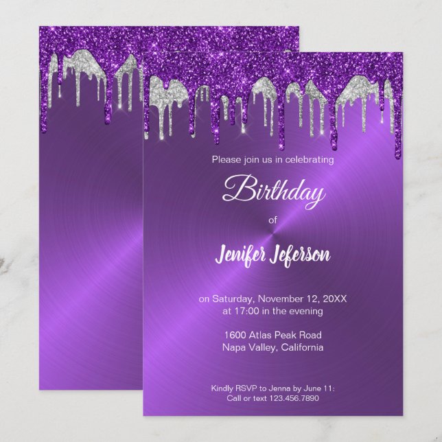 Metallic purple glitter Birthday Invitation (Front/Back)