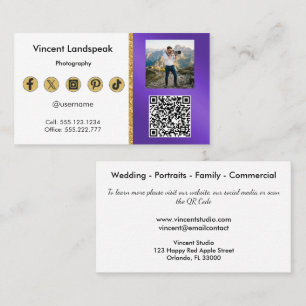 Metallic Purple Photography Photo & QR Code Business Card