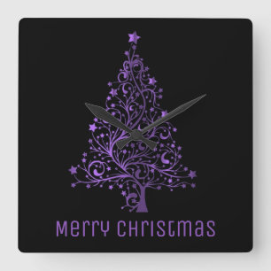 Metallic Purple Stars Christmas Tree Elegant Black Square Wall Clock