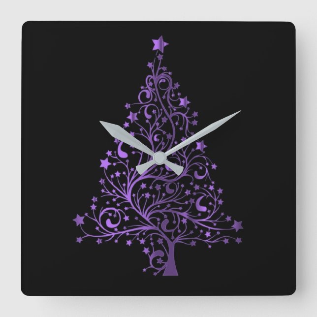 Metallic Purple Stars Christmas Tree Elegant Black Square Wall Clock (Front)