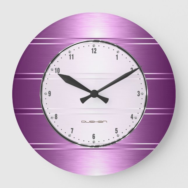 Metallic Purple Stripes Pattern Large Clock (Front)