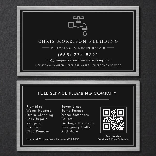 Metallic QR Code Plumbing Services Black Silver  Business Card (Creator Uploaded)