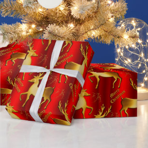 Metallic Red and Golden Reindeer Christmas Wrappin Wrapping Paper