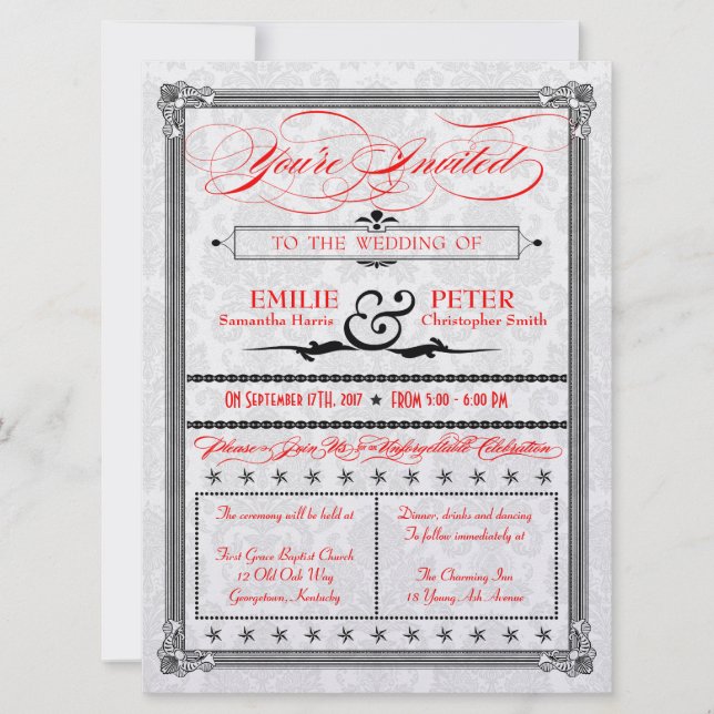 Metallic Red, Black & Silver Damask Wedding Invite (Front)