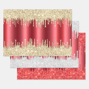Metallic Red Christmas Dripping Glitter Combo Pack Wrapping Paper Sheet
