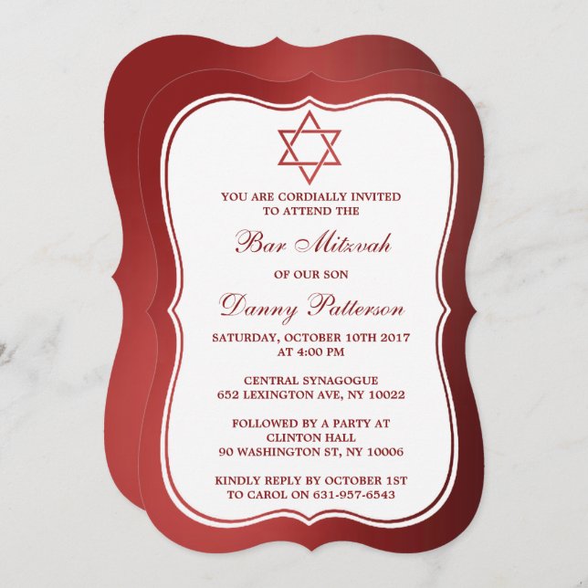 Metallic Red Jewish Star Of David Bar Mitzvah Invitation (Front/Back)