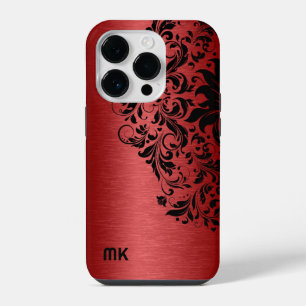 Metallic Red Texture Black Lace & Text iPhone 14 Pro Case