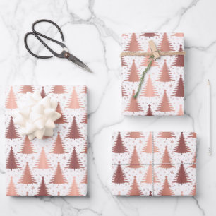 Metallic Rose Gold Christmas Trees Pattern Wrapping Paper Sheet