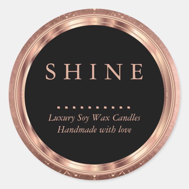 Metallic Rose Gold Design and Black Classic Round Sticker (Front)