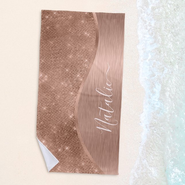 Metallic Rose Gold Glitter Personalised Beach Towel (Shine bright like a diamond with this metallic rose gold glitter beach towel.)