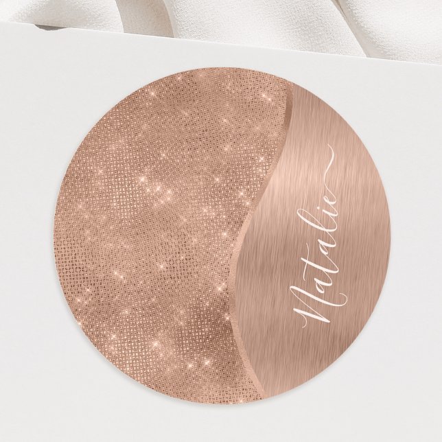Metallic Rose Gold Glitter Personalised Classic Round Sticker (Creator Uploaded)