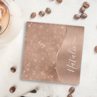 Metallic Rose Gold Glitter Personalised Glass Coaster