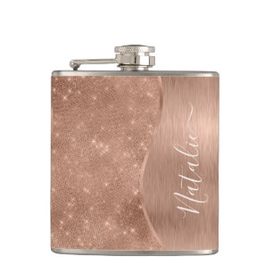 Metallic Rose Gold Glitter Personalised Hip Flask