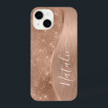 Metallic Rose Gold Glitter Personalised iPhone 14 Case<br><div class="desc">Easily personalise this rose gold brushed metal and glamourous faux glitter patterned phone case with your own custom name.</div>