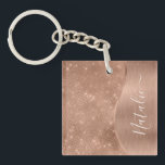 Metallic Rose Gold Glitter Personalised Key Ring<br><div class="desc">Easily personalise this rose gold brushed metal and glamourous faux glitter patterned keychain with your own custom name.</div>