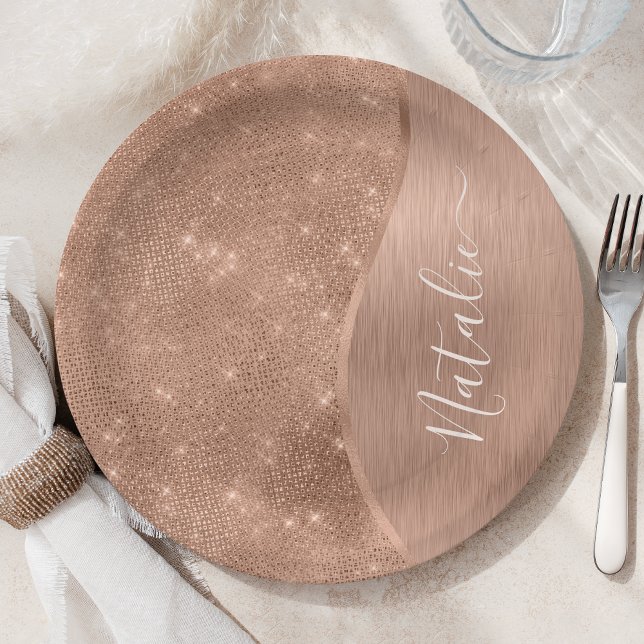 Metallic Rose Gold Glitter Personalised Paper Plate (Creator Uploaded)