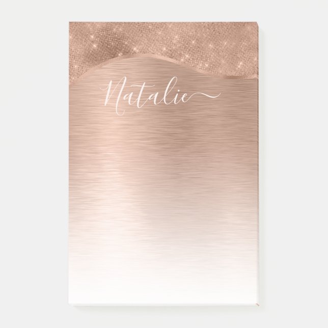 Metallic Rose Gold Glitter Personalised Post-it Notes (Front)