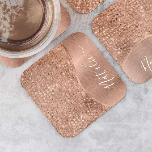 Metallic Rose Gold Glitter Personalised Square Paper Coaster (Creator Uploaded)