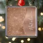 Metallic Rose Gold Glitter Personalized Metal Ornament<br><div class="desc">Easily personalize this rose gold brushed metal and glamorous faux glitter patterned metal ornament with your own custom name.</div>