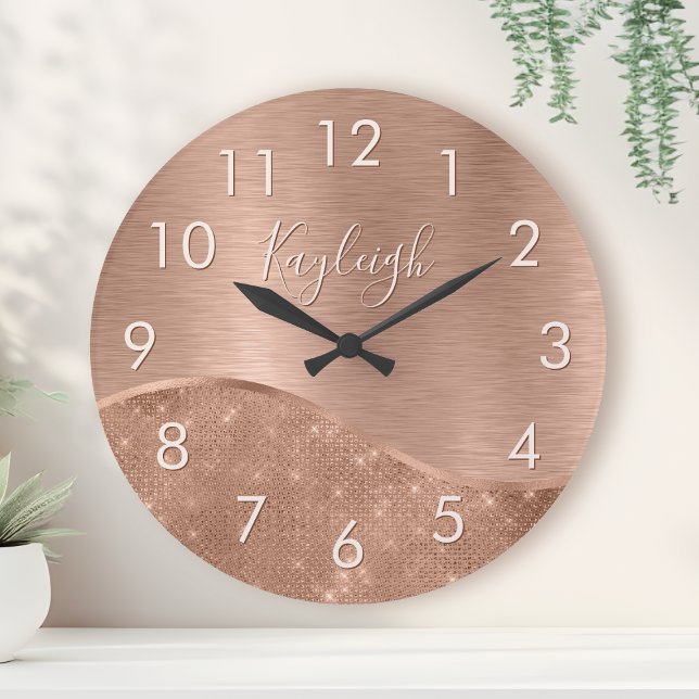 Metallic Rose Gold Glitter Personalized Round Clock (Creator Uploaded)