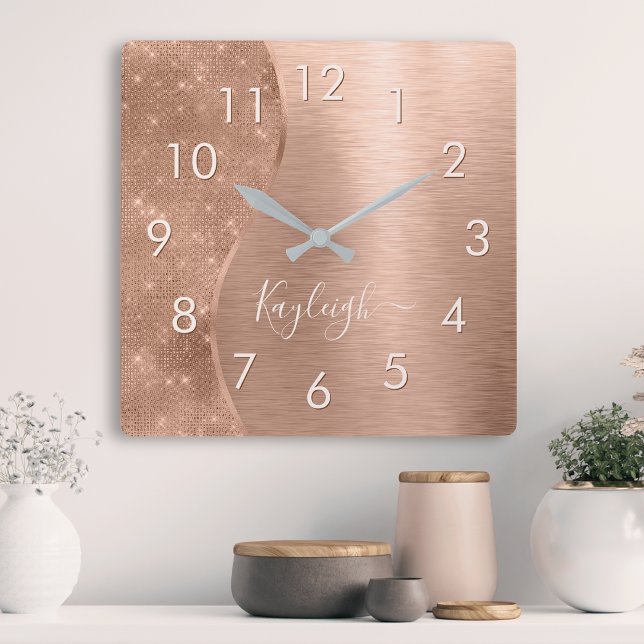 Metallic Rose Gold Glitter Personalized Square Wall Clock (Creator Uploaded)