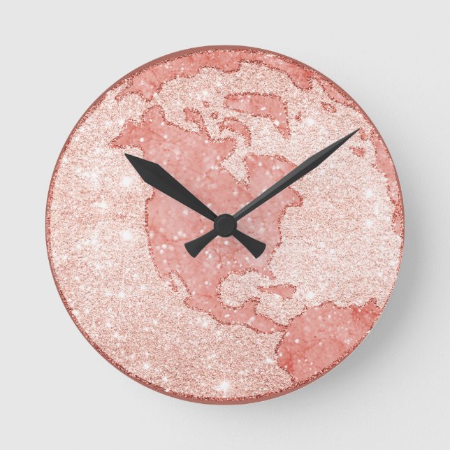 Metallic Rose Gold Glitter Pink Marble Globe Round Clock (Front)