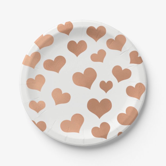 Metallic Rose Gold Hearts Confetti White Copper Paper Plate (Front)