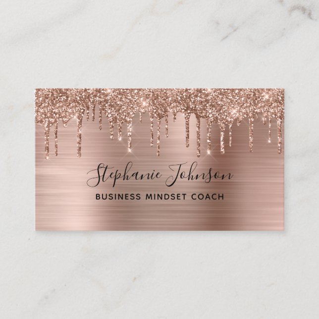 Metallic Rose Gold Luxe Glitter Drip Boss Lady Business Card (Front)